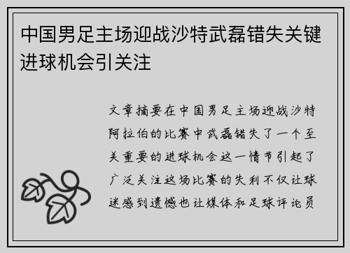 中国男足主场迎战沙特武磊错失关键进球机会引关注 中国男足主场迎战沙特武磊错失关键进球机会引关注